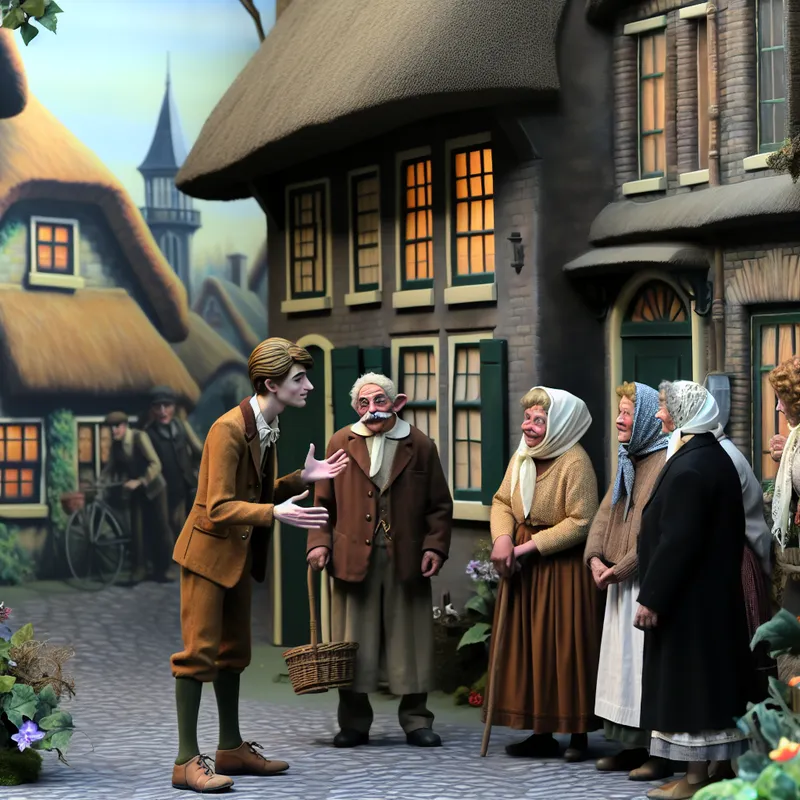 Een jongeman in ouderwetse kleding speelt met oudere dorpsbewoners in een nostalgisch Nederlands dorp.