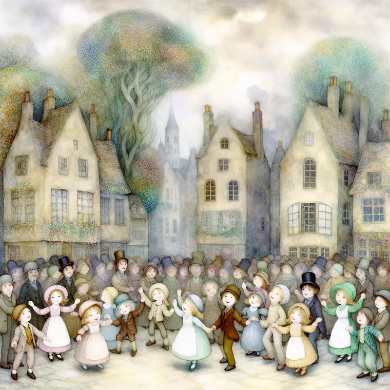 Kinderen in een nostalgisch dorpsplein lachen en zwaaien met hun handen terwijl ze zingen in een sprookjesachtige setting.