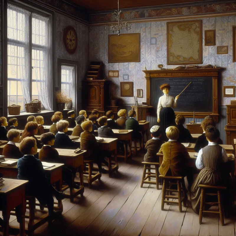 Een leraar voor een krijtbord in een vroege 20e-eeuwse klas, geïnspireerd door Anton Pieck