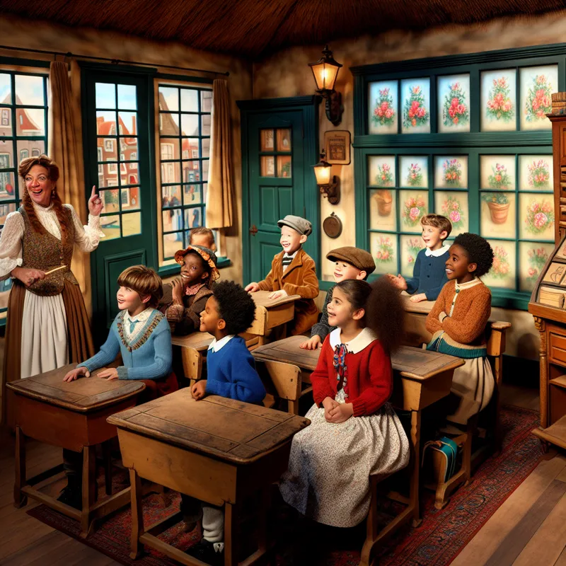 Een vriendelijke leraar die interactie heeft met een diverse groep kinderen in een nostalgisch klaslokaal, omgeven door vintage decoraties.