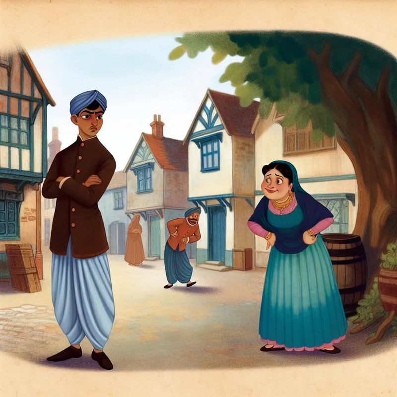 Een nostalgische illustratie van twee personages in een vintage setting die met elkaar praten. Eén personage kijkt gefrustreerd terwijl het andere met een ondeugende glimlach tegen een boom leunt.