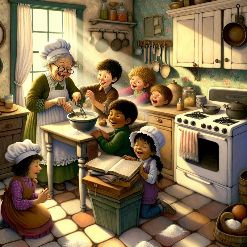 Een blije, oudere vrouw leert kinderen hoe ze samen een eenvoudige cake kunnen bakken in een nostalgische keuken.