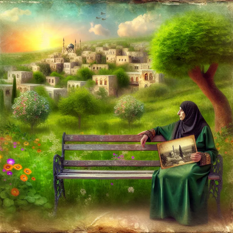 Vrouw zit op een verweerde parkbank, kijkt naar een groene landschap met bloemen en bomen, houdt een vervaagd kinderfoto vast.