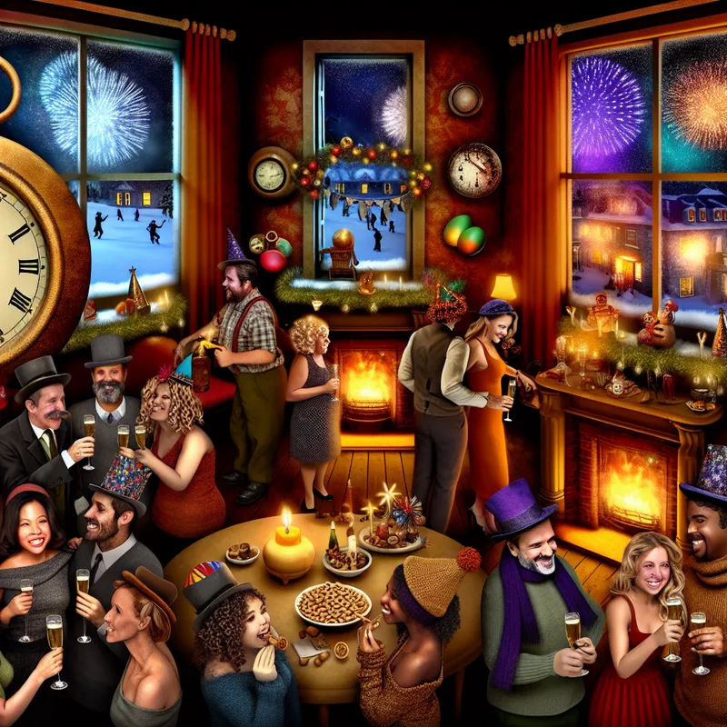 Een gezellige oudejaarsavond met vrienden en familie, versierd met vintage decoraties en vuurwerk aan de buitenkant.