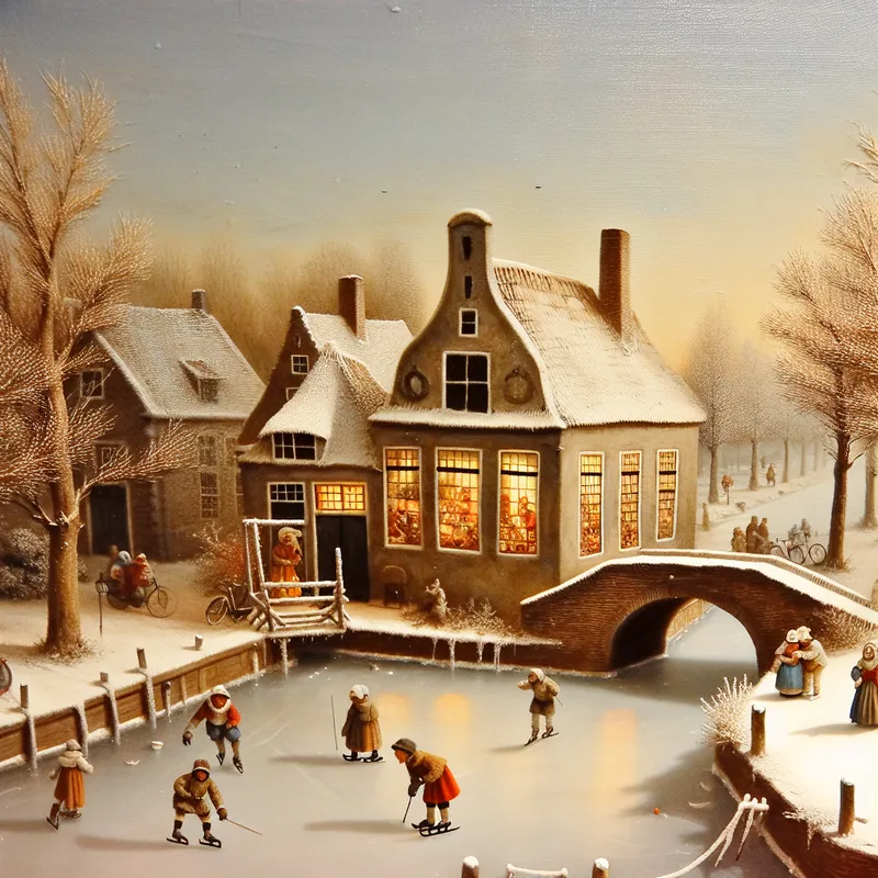 17e-eeuws Hollands wintertafereel met een nostalgisch huis aan een bevroren kanaal, warme lichtstralen uit ramen en schaatsende figuren in historische kleding