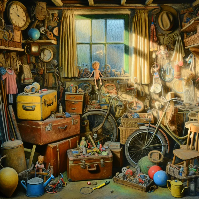 Een rommelige garage gevuld met oude spulletjes zoals koffers, fietsen en speelgoed, met zonlicht dat door een raam valt.