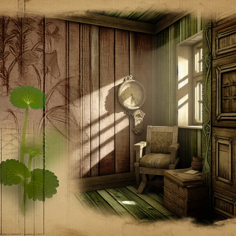 Een onopvallende groene spruit tegen een verweerde houten muur in een vintage kamer, omringd door oude boeken en een klok