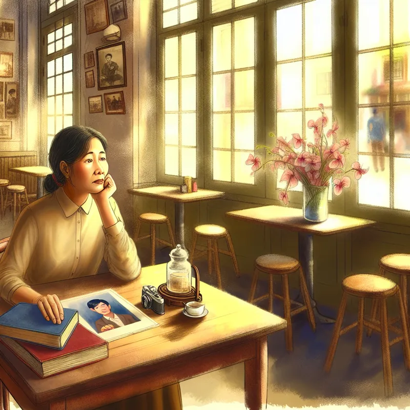 Een vrouw zit alleen aan een cafétafel en kijkt naar een oude foto, die haar verlangen naar verloren liefde en jeugd uitdrukt.