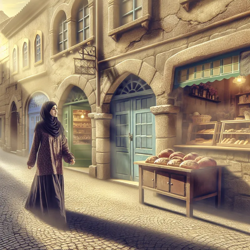 Persoon loopt langs geplaveide straat in een oude stad met vintageshops en bakkerij