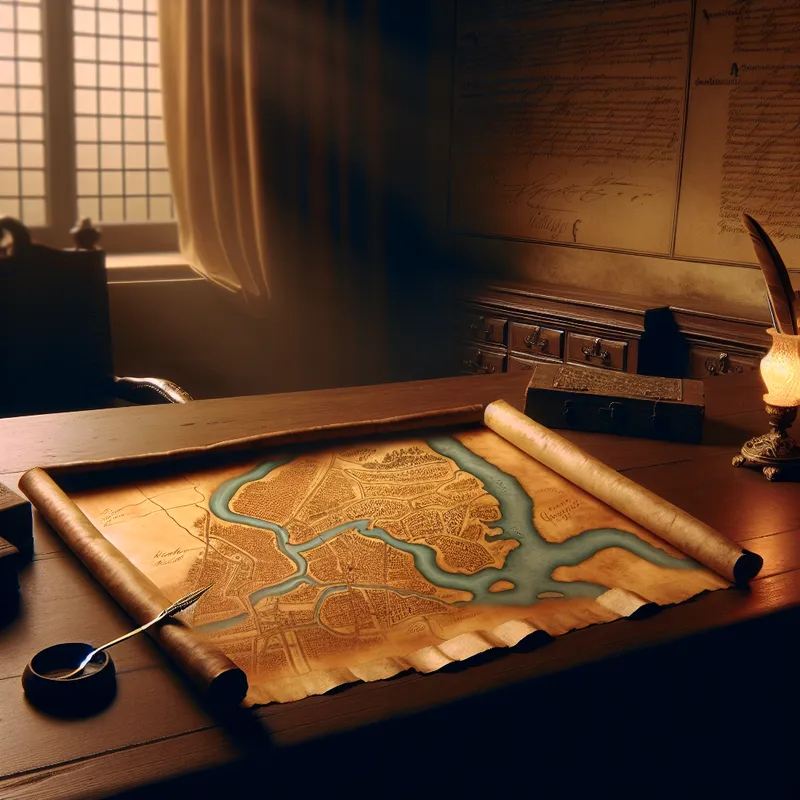Notariskantoor met een grote houten tafel vol officiële documenten en een oude kaart
