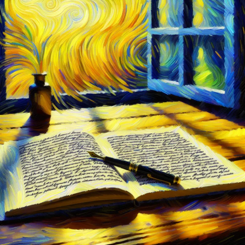 Open notitieboek met duidelijke tekst op een houten tafel, naast een vulpen en zonlicht van een raam