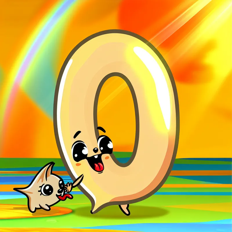 Een schattig cartoonfiguurtje genaamd Nulletje, dat eruitziet als het cijfer nul, speelt vrolijk met een klein huisdier in een kleurrijke omgeving.