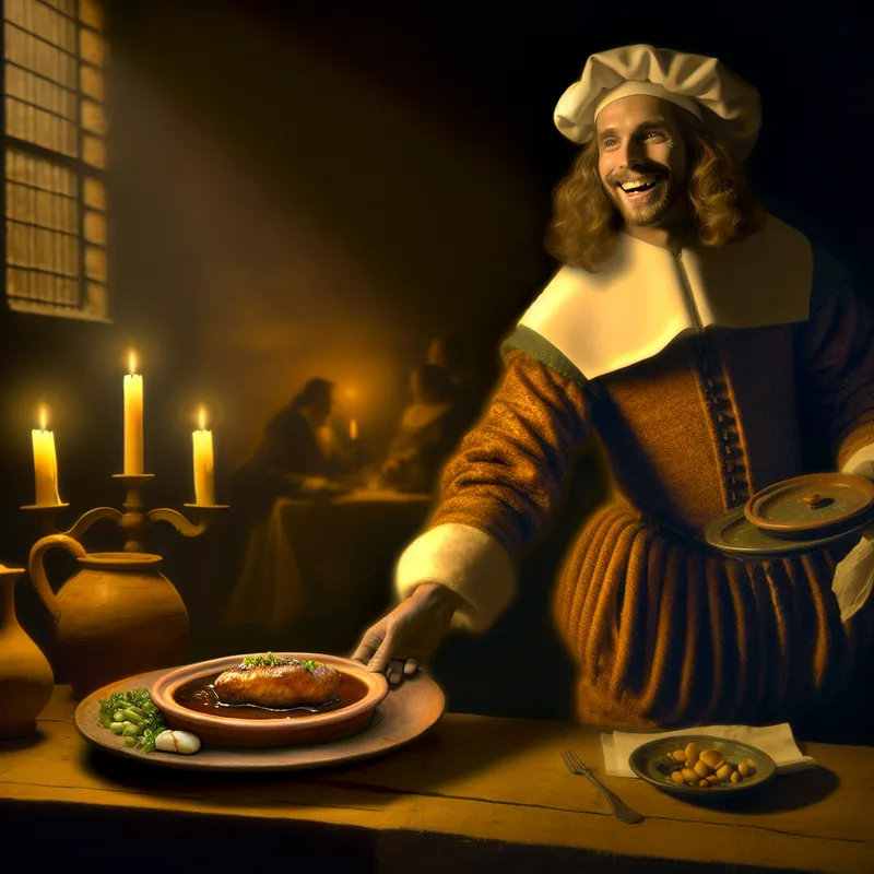 Ober in 17e-eeuws Nederlands restaurant serveert hoofdgerecht met warme glimlach onder dramatische chiaroscuro belichting