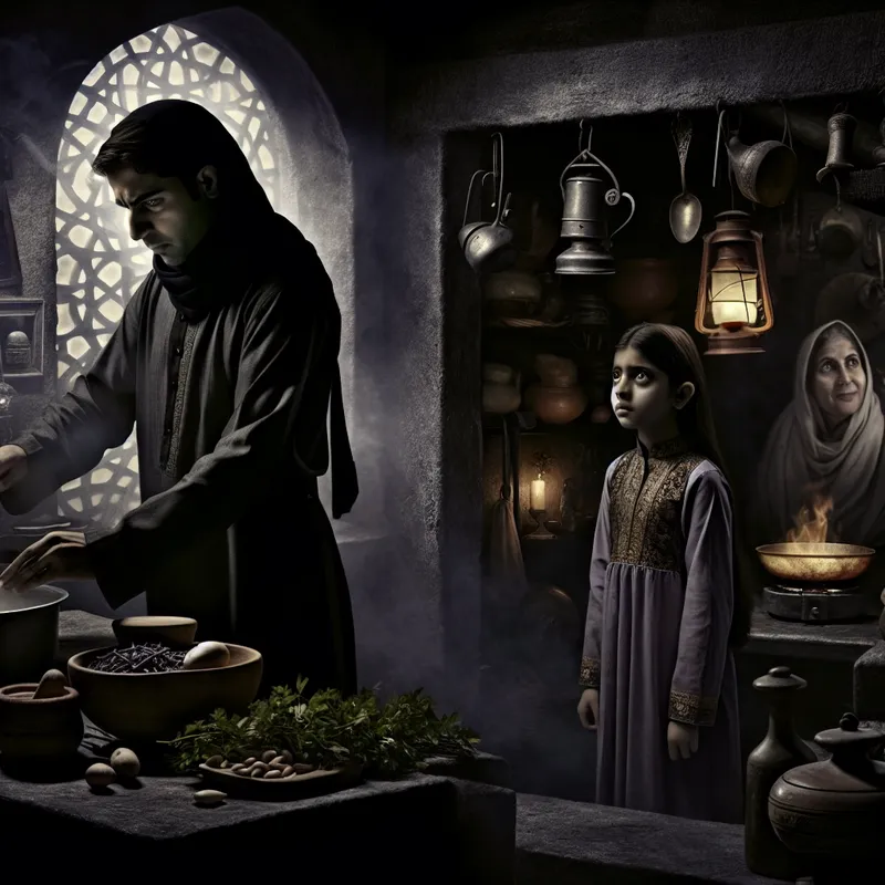 Jong meisje observeert haar moeder in een gotische keuken terwijl ze een maaltijd bereidt.