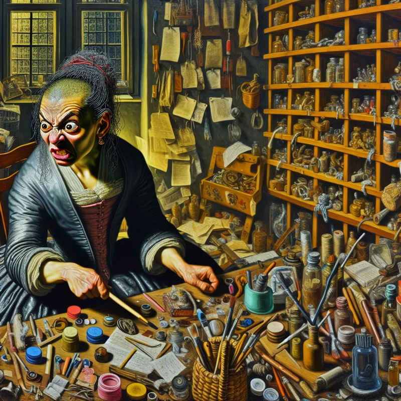 Vrouw met obsessieve blik omringd door geordende papieren en voorwerpen aan een rommelig bureau, illustratie van ongezonde voorliefde of obsessie