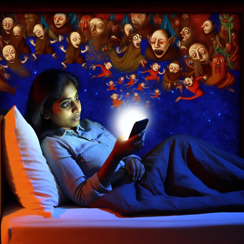 Jonge vrouw scrollt obsessief door negatief nieuws in bed, omringd door surrealistische wezens