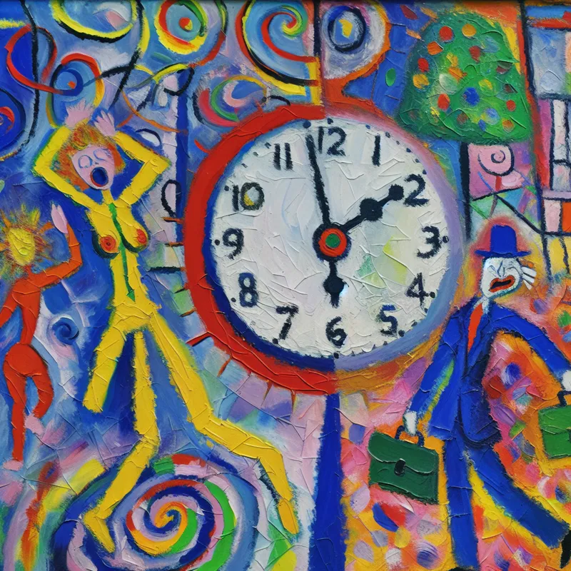 Abstracte ochtendscène met klok die acht uur aangeeft, kleurrijke figuren die dagelijkse routines uitbeelden in de stijl van Karel Appel