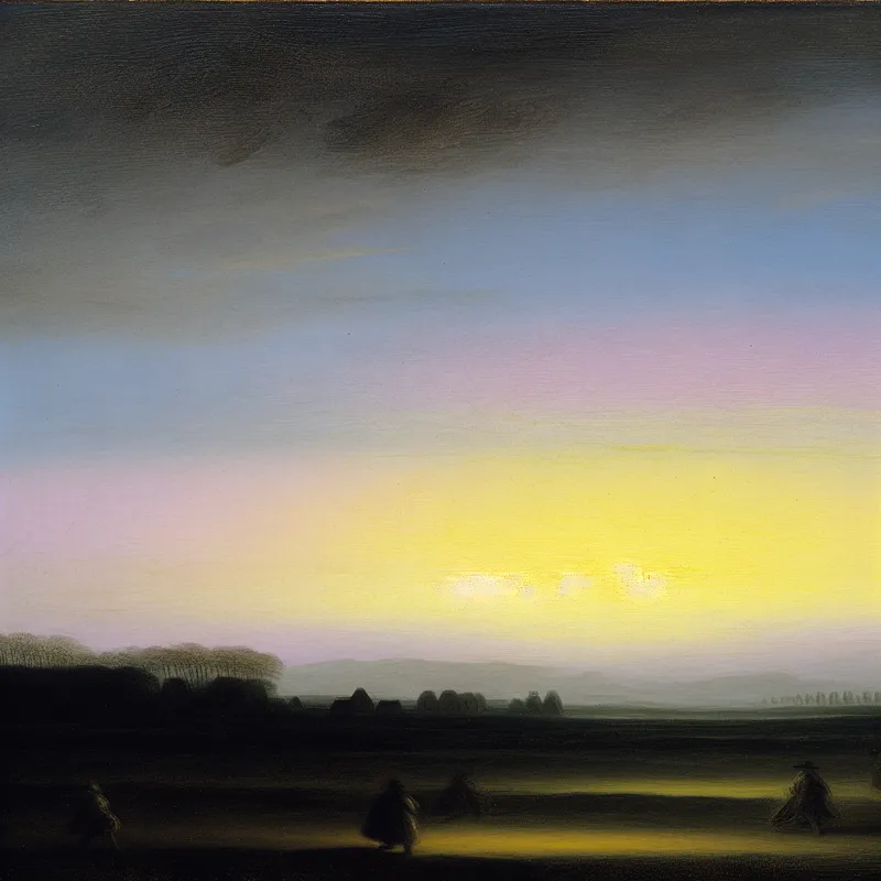 Schilderij van een serene ochtendschemering in de stijl van Frans Hals, met zachte kleuren en levendige penseelstreken die het lichter worden van de dag verbeelden