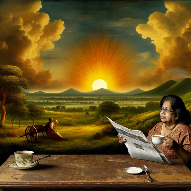 Een persoon zit aan een rustieke houten tafel met een kop koffie en een krant in een serene ochtendscène met een opkomende zon.