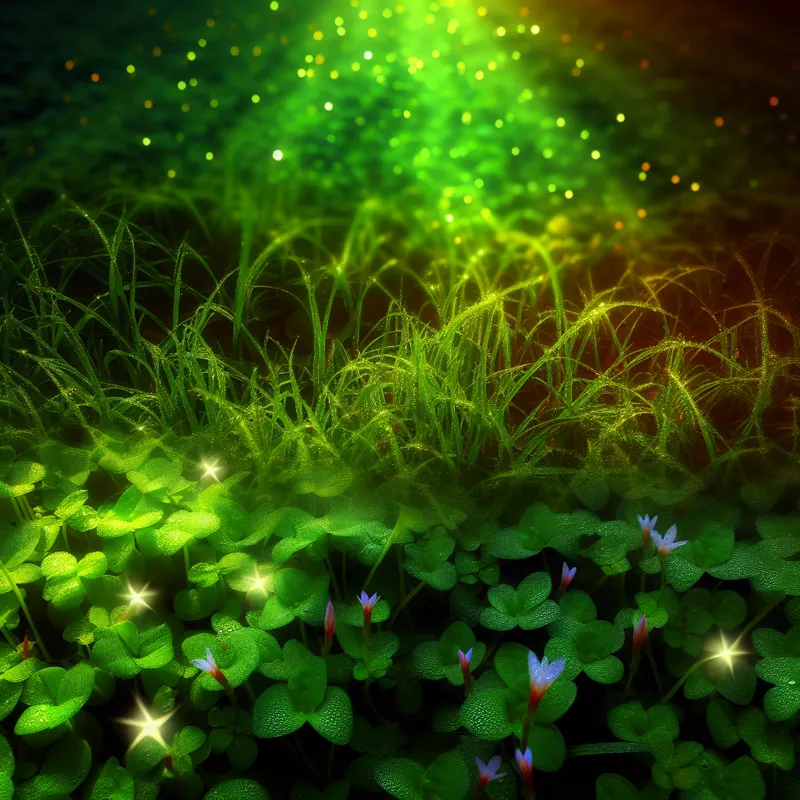 Druppels ochtenddauw op groen gras en bloemen bij zonsopgang