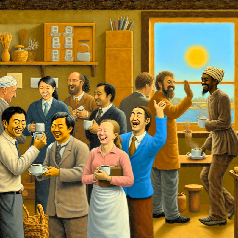 Een levendige ochtendscene in een kantoor waar collega's elkaar enthousiast begroeten met een glimlach, sommigen met koffiemokken in de hand.