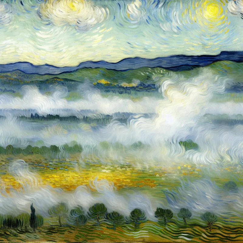 Schilderij in Van Gogh-stijl van ochtendmist die oplost in het zonlicht boven een golvend landschap met heuvels en bomen