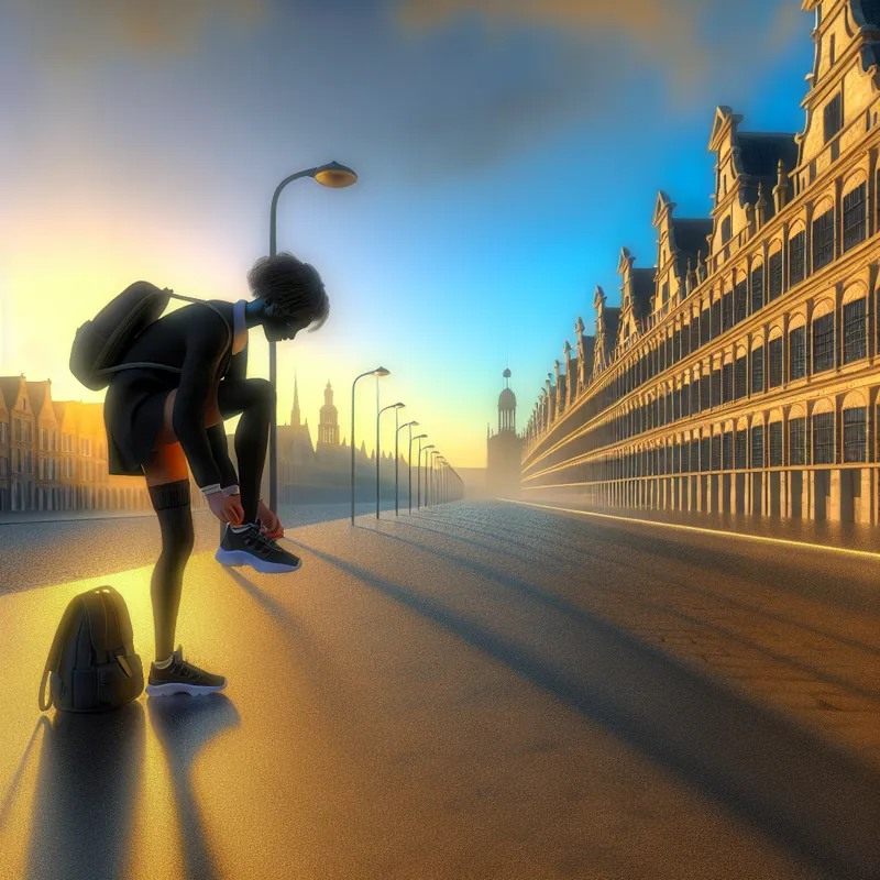 Jonge student die zijn veters strikt in een serene straat tijdens de ochtend na zonsopgang, omringd door monumentale architectuur