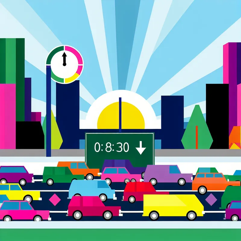 Minimalistische illustratie van een ochtendspits met file op de snelweg, omringd door geometrische gebouwen en bomen, in de stijl van Dick Bruna