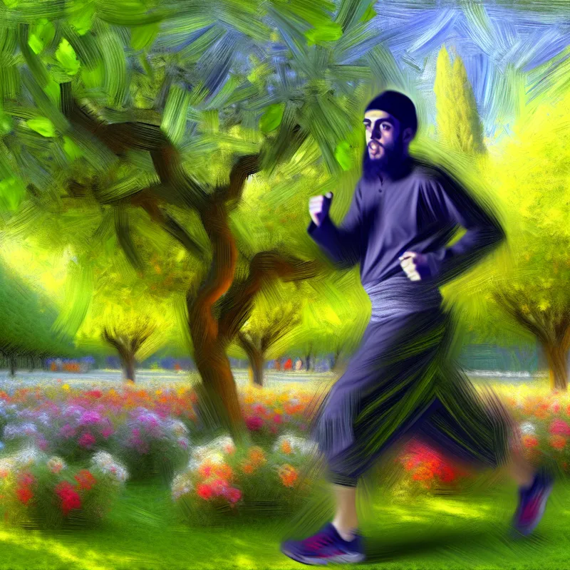 Man loopt snel door een groen park in de ochtendzon