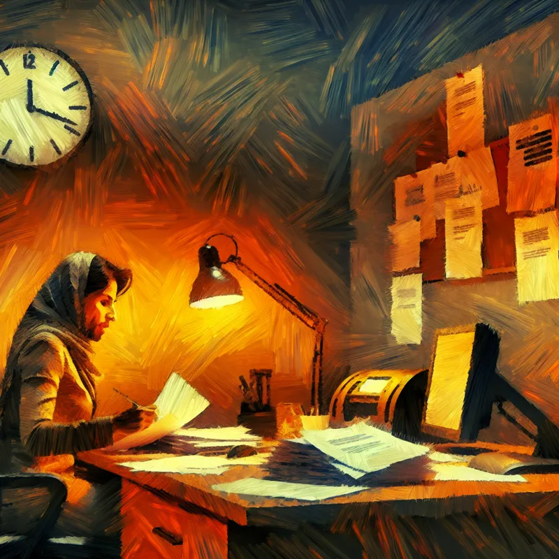 Persoon werkt intensief aan bureau met papieren en computer, omgeven door warme, kolkende kleuren.