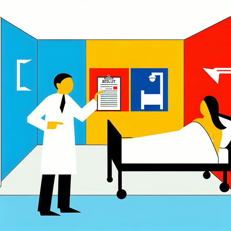 Minimalistische illustratie van een arts die een officieel besluit aanwijst aan een patiënt in een ziekenhuiskamer, met het woord 'rust' in een spraakwolk