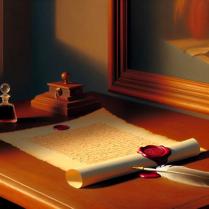 Een officieel document met een prachtige zegel op een antieke houten bureau