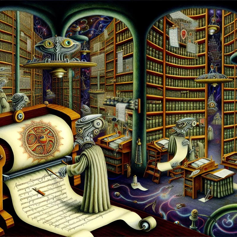 Surrealistisch kantoor van hybride wezens die officiële documenten stempelen en archiveren volgens wetten en afspraken, in de stijl van Hieronymus Bosch