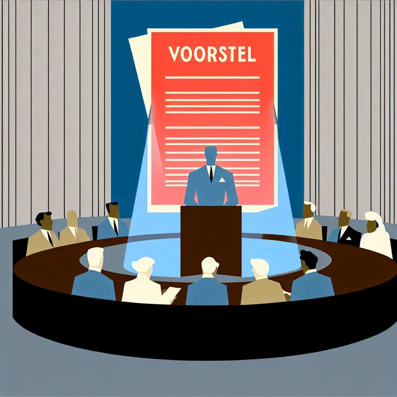 Minimalistische illustratie van een politicus die een officieel voorstel 'VOORSTEL' presenteert tijdens een gemeenteraadsvergadering in de stijl van Dick Bruna