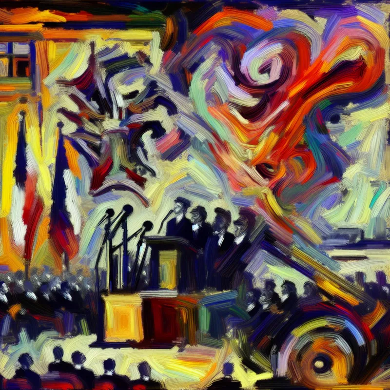 Abstract expressionistische voorstelling van een officiële bekendmaking door een autoriteit, met een centrale figuur op een podium omringd door microfoons en een menigte