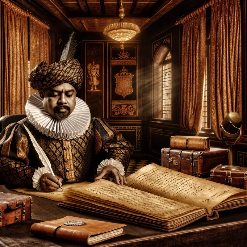 17e-eeuwse ambtenaar schrijft officiële registratie in groot lederen register met ganzenveer, barokke stijl met gouden licht en historische documenten op bureau