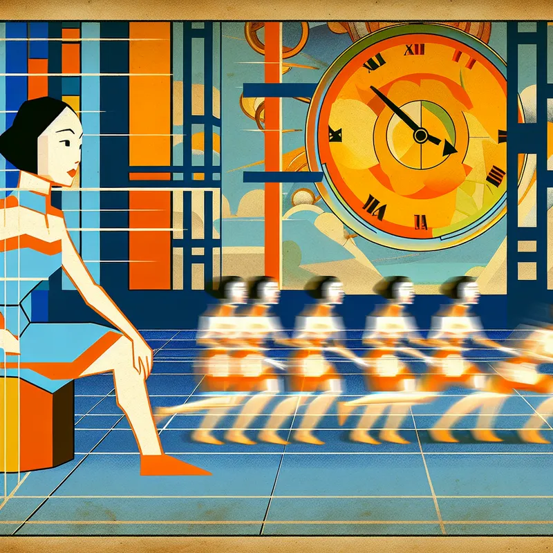 Retro-futuristische illustratie van een persoon in beweging met meerdere transparante versies van zichzelf, symboliserend een seconde of ogenblik