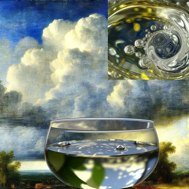 Close-up van een glazen kom met water en olie die mooi van elkaar gescheiden zijn.