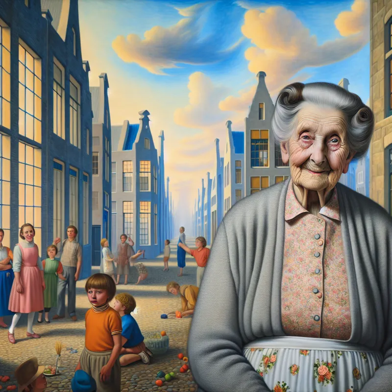 Hyperrealistisch schilderij van een vriendelijke oma omringd door spelende kinderen in een surrealistisch Nederlands straatbeeld, symboliserend de aanspreekvorm 'oma' in alledaagse omgangstaal
