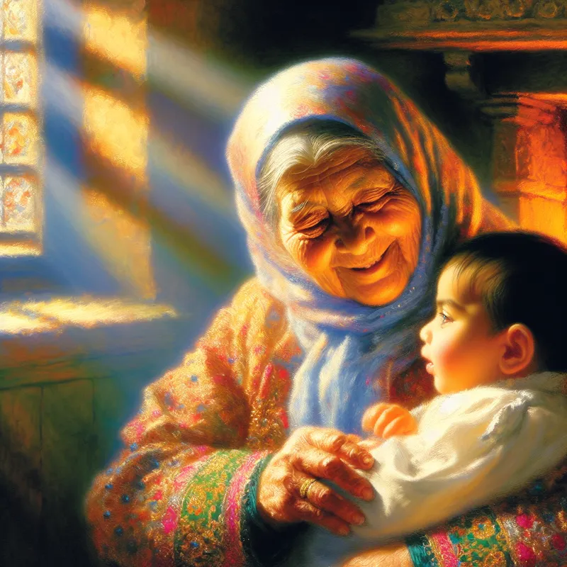 Oma fluistert liefkozend 'liefje' tegen haar kleinkind in een warme barokschildering vol genegenheid