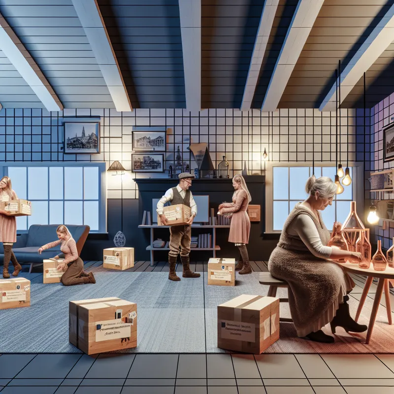 Gezellige Nederlandse woonkamer waar een oma permanent intrekt bij haar familie, omringd door dozen met 'oma's spullen' en warme retro-modernistische meubels, ter illustratie van mantelzorg en samenwonen