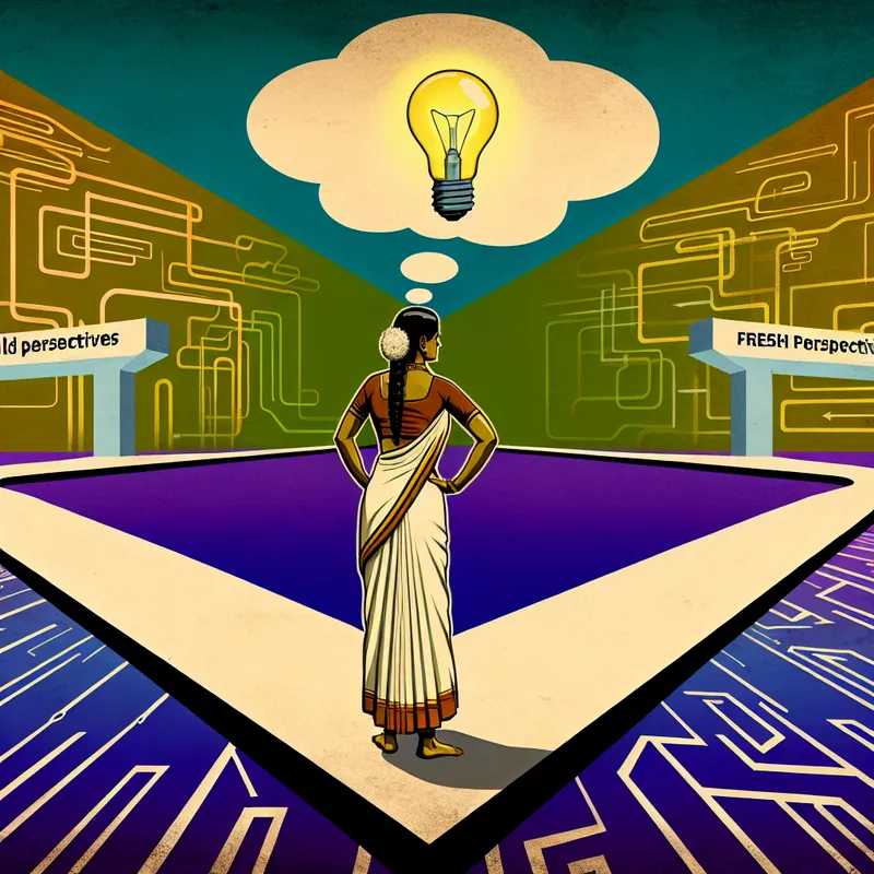 Illustratie van een persoon bij een kruispunt met twee paden, symboliserend het veranderen van mening of standpunt (omdenken), met een lichtgevende gedachtebel en geometrische vormen