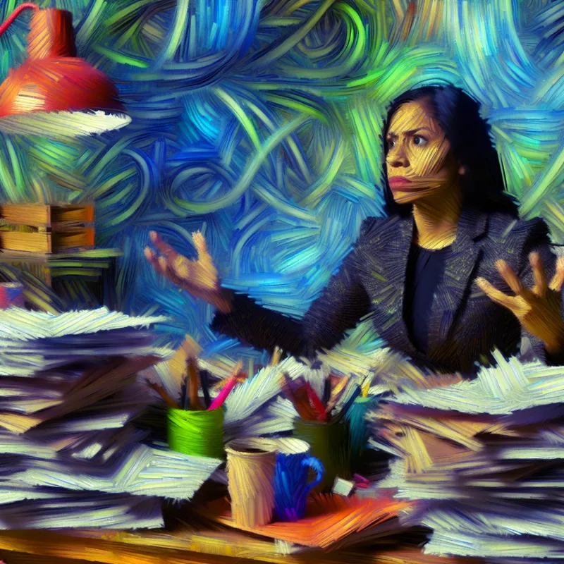 Een vrouw die aan een rommelig bureau zit, omringd door papieren en lege koffiekoppen, het uitdrukken van stress en chaos terwijl ze diepe ademhalingstechnieken toepast