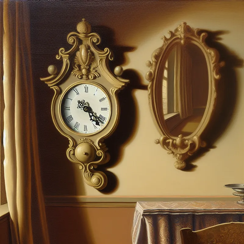 Vintage wandklok met wijzers die achteruit bewegen in een elegante, tijdloze interieurscène in de stijl van Gerard ter Borch