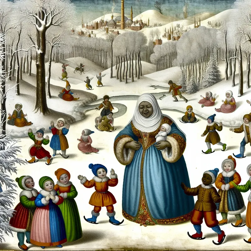 17e-eeuwse wintertafereel van een persoon omringd door zingende kinderen in een besneeuwd bos, in de stijl van Hendrick Avercamp