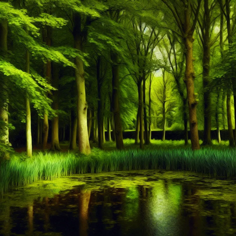 Serene vijver volledig omringd door hoge groene bomen in stijl van Johannes Vermeer, symboliserend het woord 'omringen'