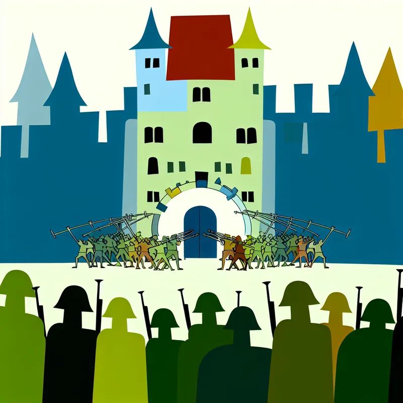 Minimalistische illustratie van een stad omsingeld door soldaten in de stijl van Dick Bruna, symboliserend het woord 'omsingelen'