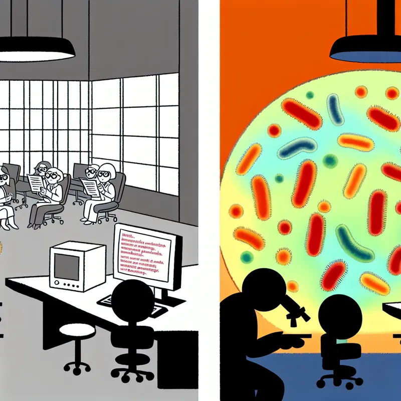 Minimalistische illustratie van twee tegenovergestelde omgevingen: een stressvolle kantoorruimte met gefrustreerde medewerkers en een levendige broeikas met bloeiende bacterieculturen onder een microscoop, ter illustratie van gunstige en ongunstige omstandigheden