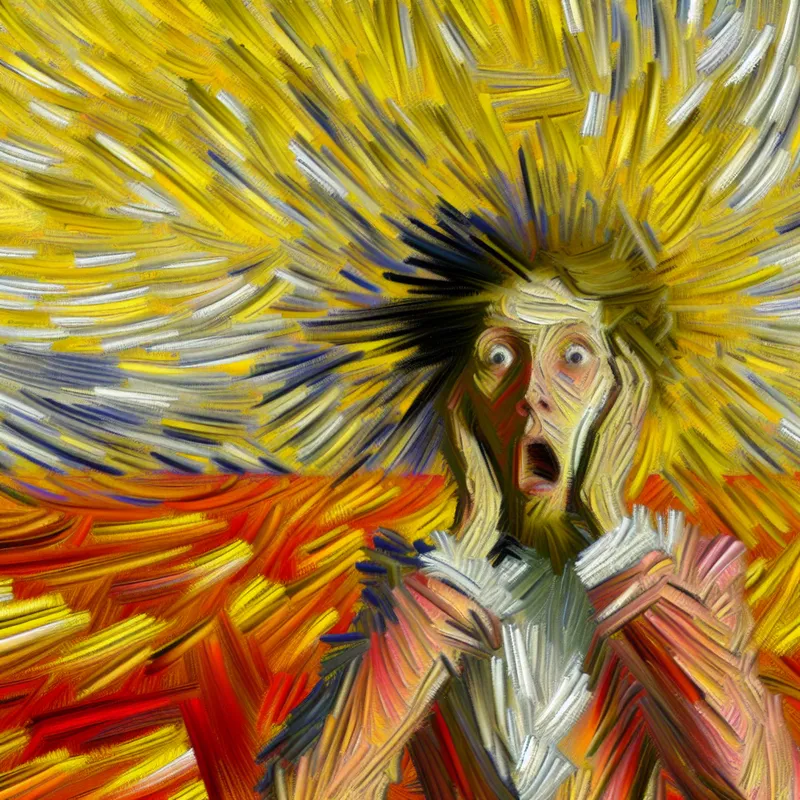 Abstract expressionistisch schilderij van een persoon die plotseling wordt overvallen door een onaangename verrassing, met chaotische penseelstreken en felle kleuren