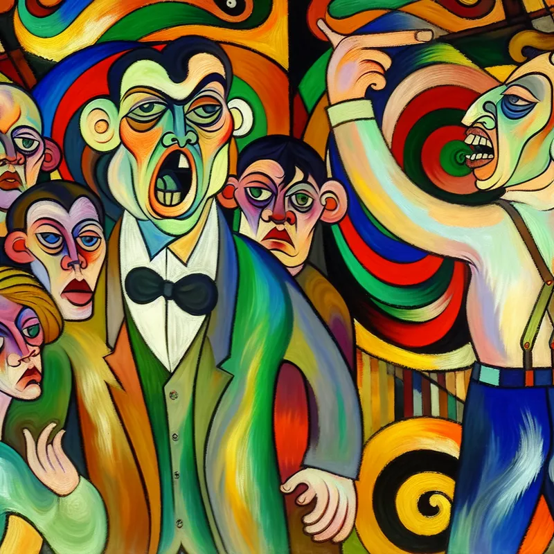 Abstracte illustratie van een onaardige persoon die een vijandig gebaar maakt naar vrienden, in de stijl van Karel Appel.